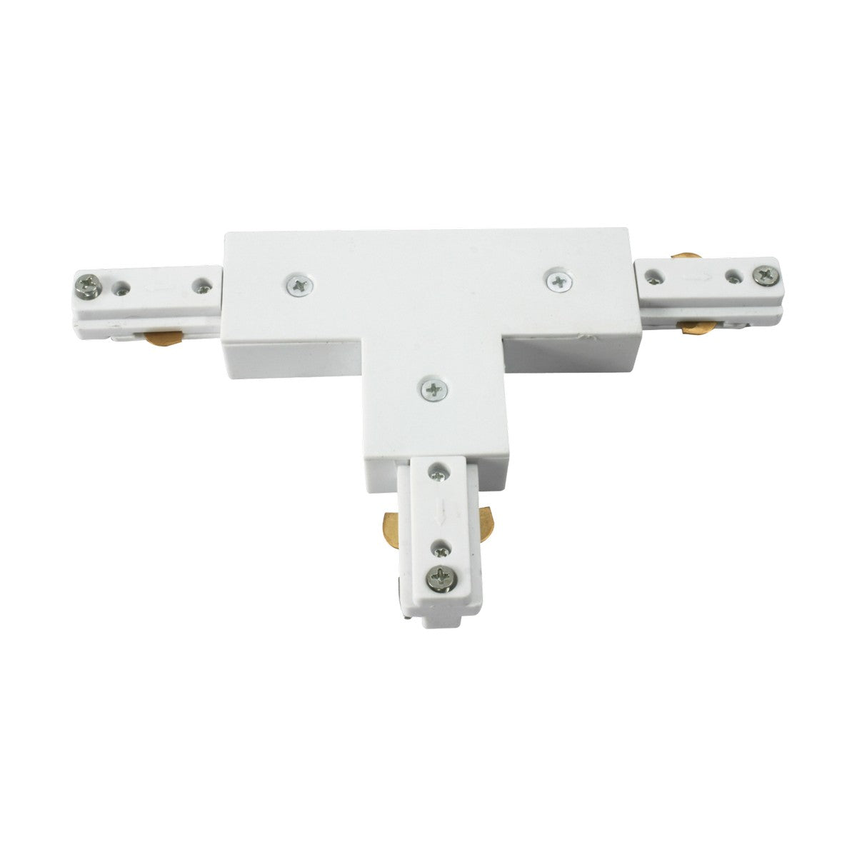 The Track T-Connector - White from the TRKSPxx series features visible screws on each end for secure three-way connections. Boasting an industrial look, this single circuit connector is perfect for joining power tracks in your lighting system.