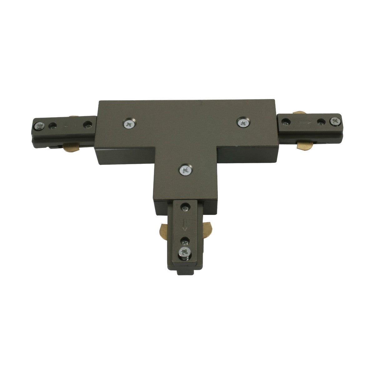 Introducing the Track T-Connector in Satin Nickel: A T-shaped metal junction connector complete with screws, specifically designed for single circuit track lighting systems. It features three arms with attachment points for connecting power tracks, all in a refined satin nickel finish.
