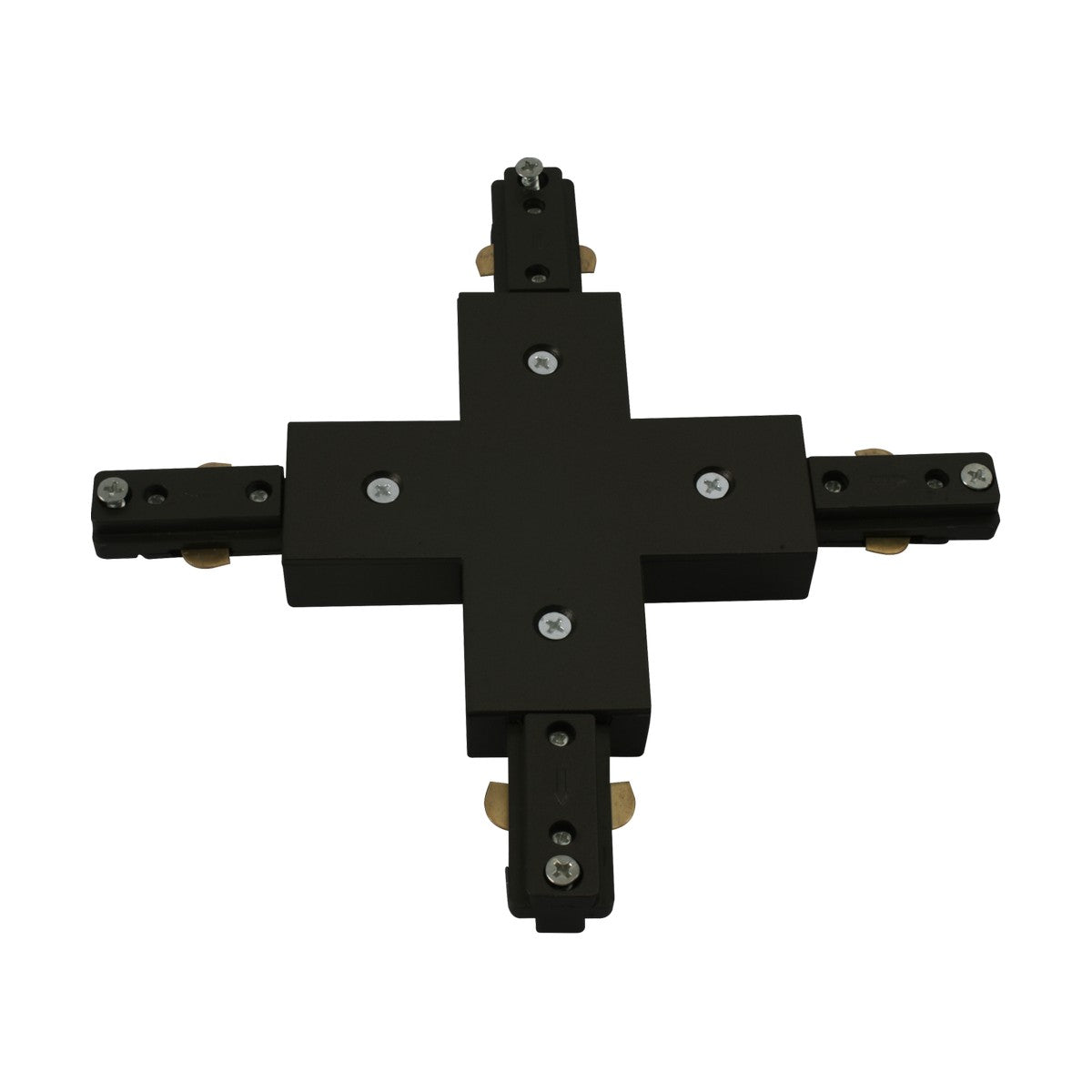 The Track X-Connector - Black is a cross-shaped power track connector with four extending arms for connecting track lighting fixtures. This single circuit connector, featuring visible screws, is set against a plain white background.