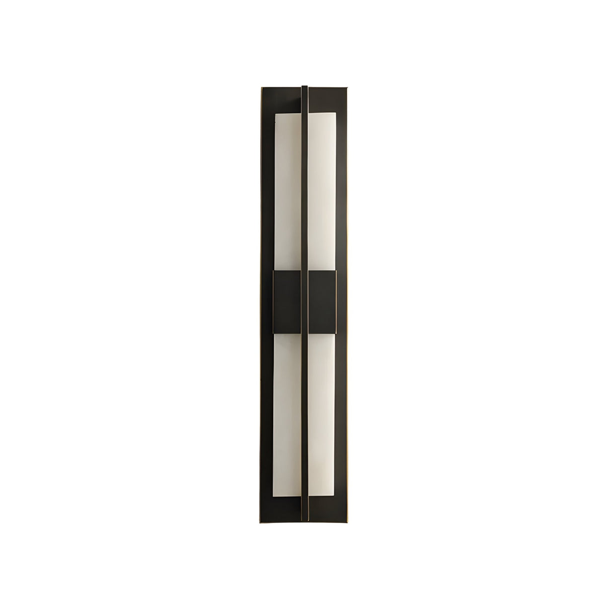 The Caldera LED Small Split-Core Alabaster Wall Light in matte black and soft white features a slim, vertical rectangular design with a central black square and two tall, narrow side panels.