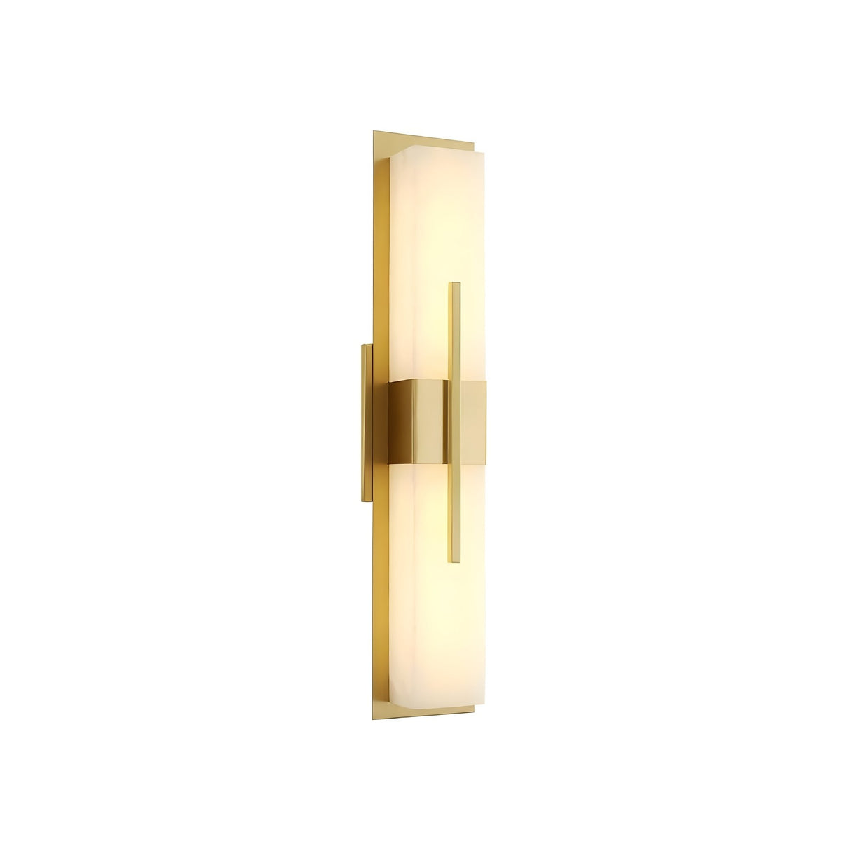 The Caldera LED Small Floating-Band Alabaster Wall Light in brushed brass and soft white showcases a vertical cylindrical frosted alabaster shade with a floating band frame, presented against a plain white background.