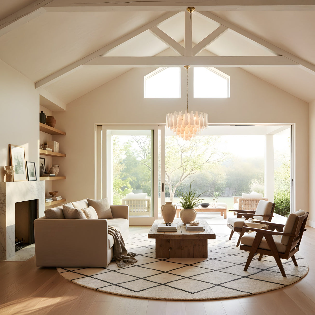 Bright, airy living room with vaulted ceiling, large windows, and glass doors to a sunny patio. Features a neutral sofa, wooden chairs, Veloria Small Floating Petal Alabaster Chandelier—Brushed Brass & Soft White, round rug, coffee table, fireplace, and open shelving with decor.