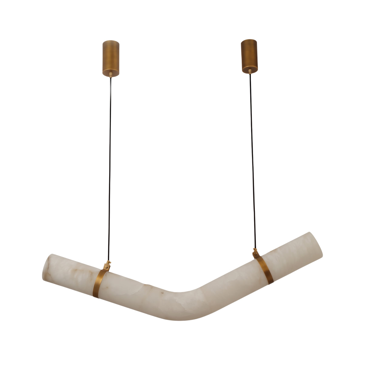 Zareon LED Medium Chevron Alabaster Chandelier in Brushed Brass, showing angled alabaster tube with brass collars suspended by twin cables on a plain white background.