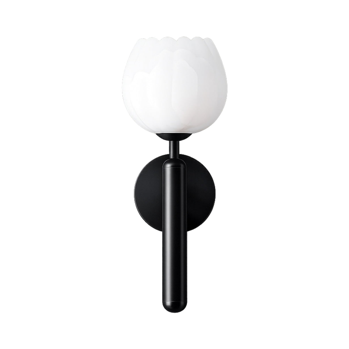 The Olivaro 1 Light Pedal Form Alabaster Wall Light features a soft white flower-shaped glass shade and a matte black cylindrical base, combining modern style with elegant design.