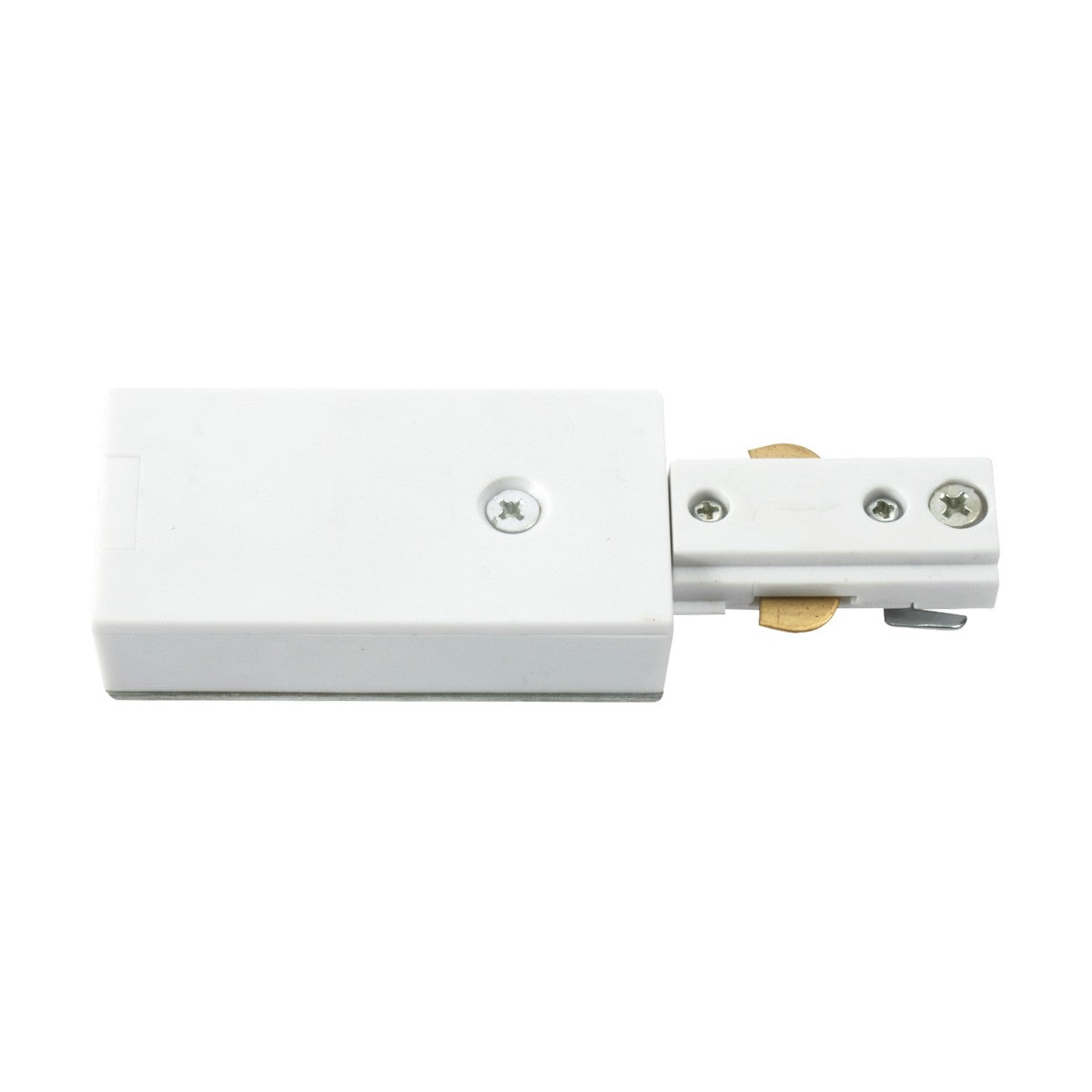 The image showcases a Single Circuit Track Power Feed in white, featuring a rectangular design with metal components for track lighting systems. This product includes visible screws and a mounting plate, is part of the TRKSPxx series, and is set against a plain white background. It boasts an IP20 rating suitable for indoor use.