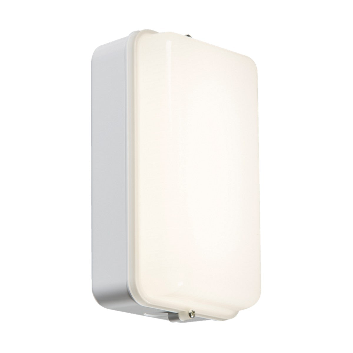 Introducing the 5W Outdoor Security Bulkhead with Daylight Sensor in White, a sleek wall-mounted light fixture featuring a rectangular shape with a white, subtly domed cover and a silver frame. Designed for energy efficiency and boasting a minimalistic modern aesthetic, it's an ideal choice for both indoor and outdoor settings.