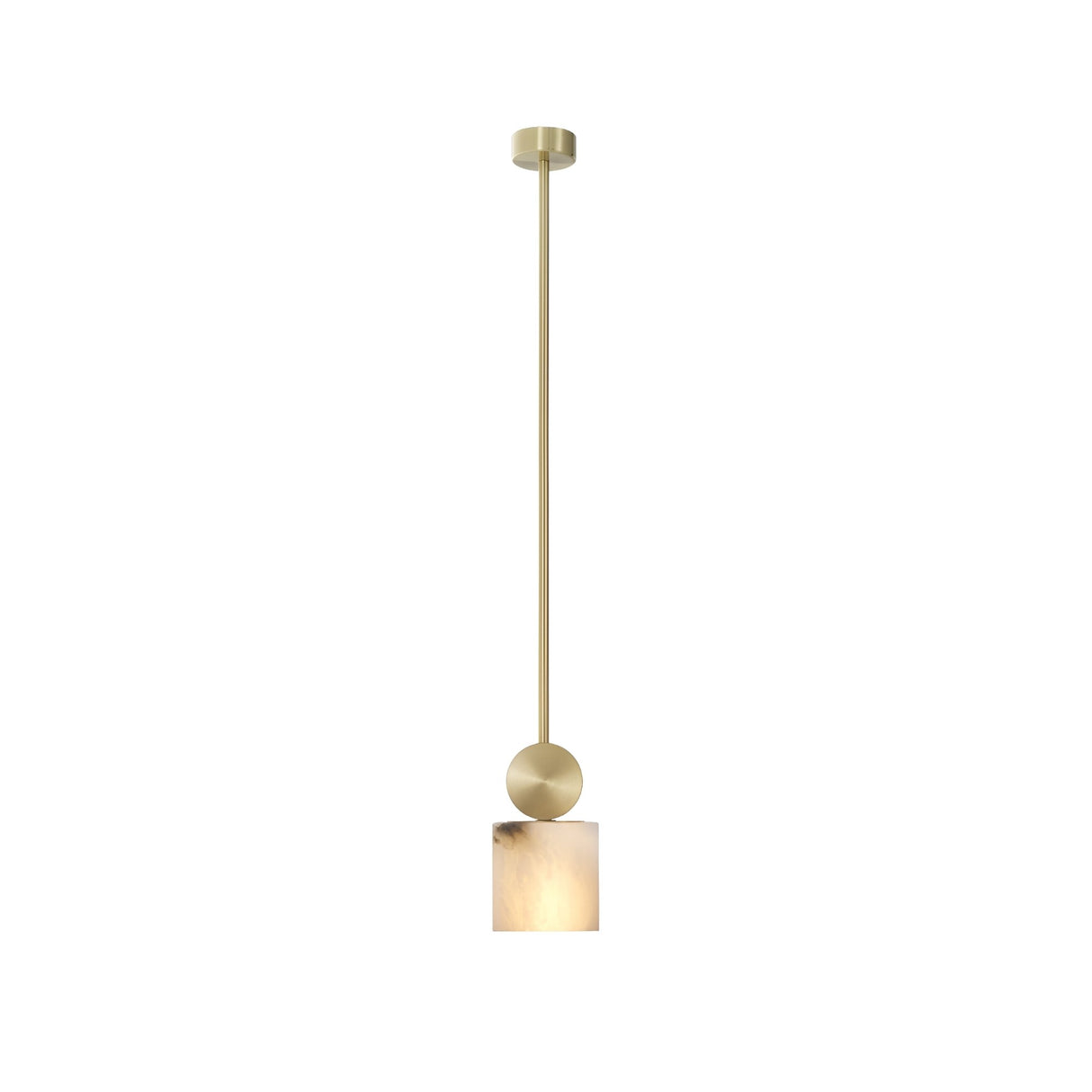 The Serano 1 Light Small Vertical Pillar Alabaster Single Pendant Light in Soft White & Brass features a sleek brass rod, round accent, and cube frosted glass shade for a minimalistic and elegant look.