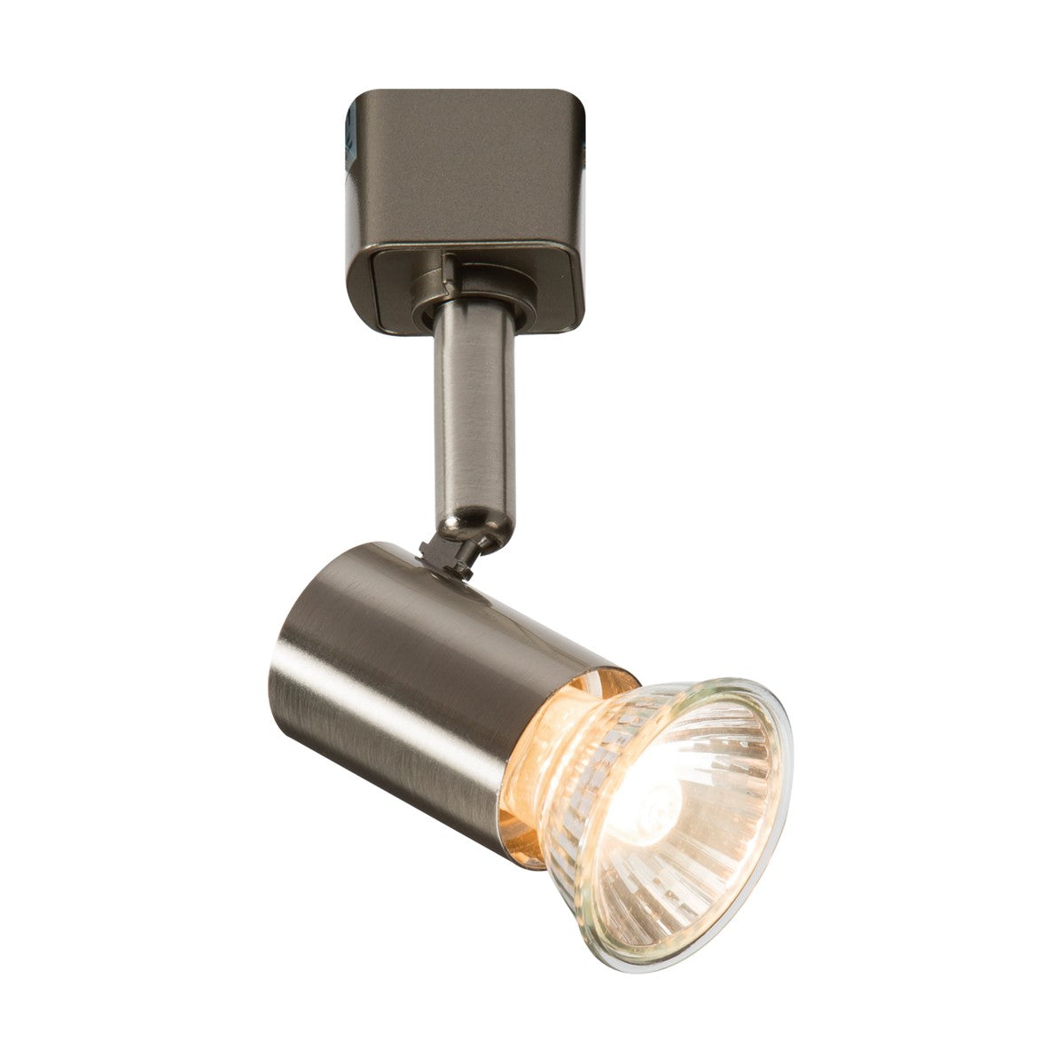 The Cylinder Track Spotlight - Brushed Chrome is a contemporary, metallic ceiling-mounted GU10 track spotlight featuring a cylindrical design and an adjustable head, offering dimmable lighting that emits a warm white glow.