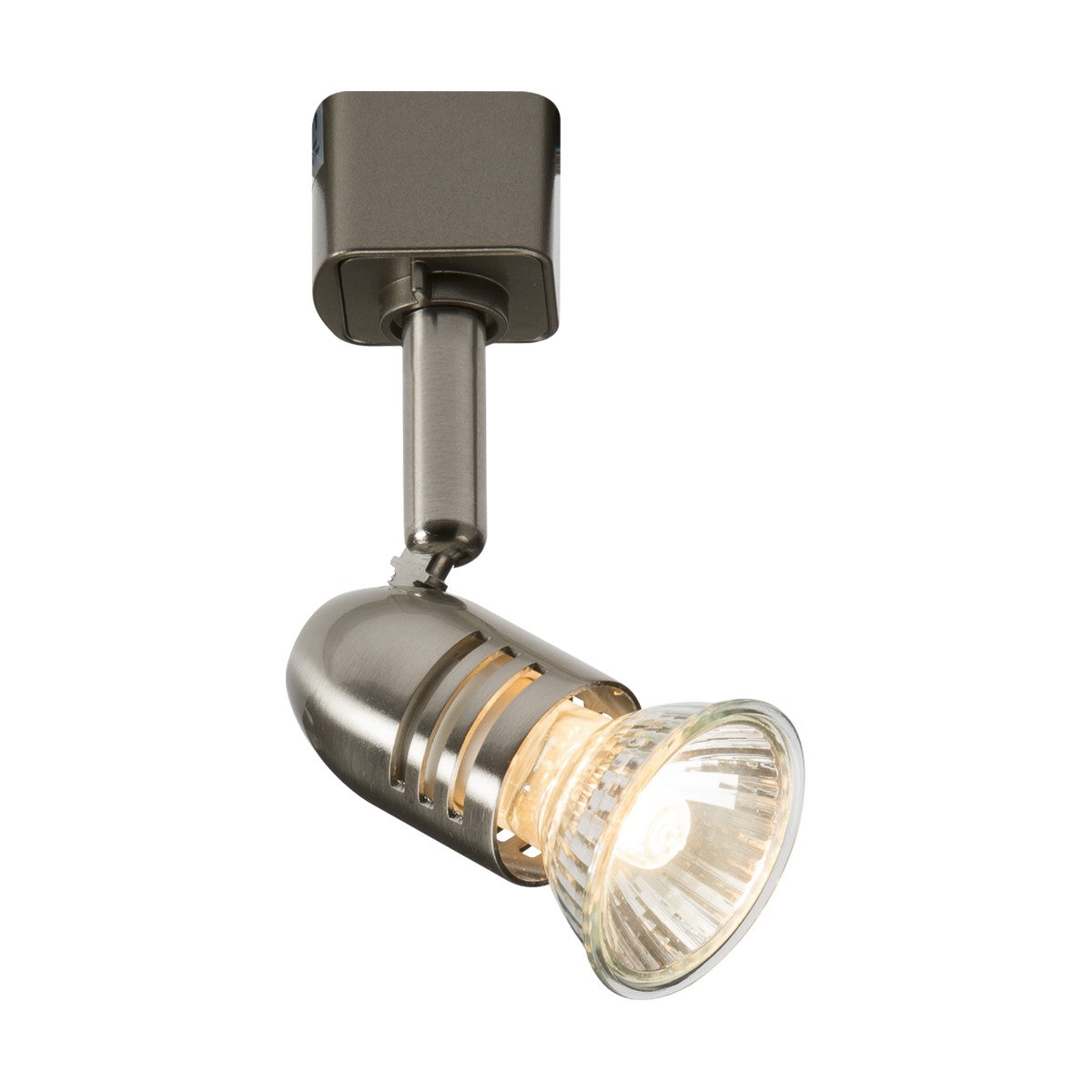 Mounted on the ceiling, the Bullet Track Spotlight in brushed chrome features an LED-compatible, adjustable spotlight. Its GU10 bulb is turned on to emit a warm glow. This design offers a sleek, modern appearance with its cylindrical shape and square base.