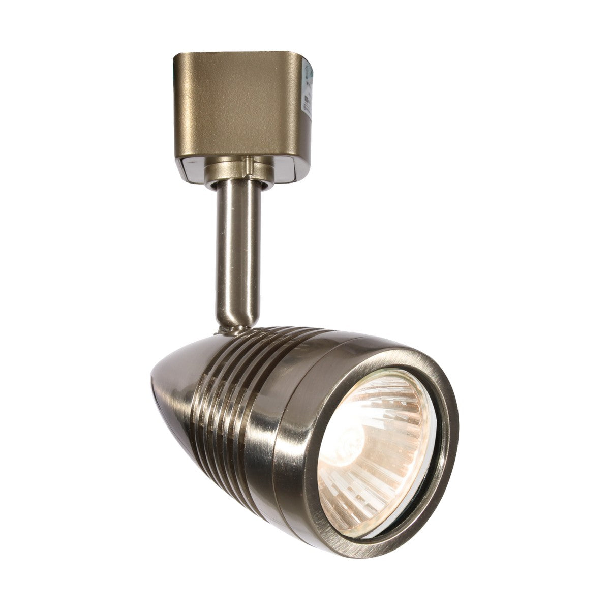 Close-up of the Conical Track Spotlight - Brushed Chrome, featuring a modern cylindrical design with a sleek, brushed metal finish. The adjustable spotlight is turned on, casting a bright white glow.