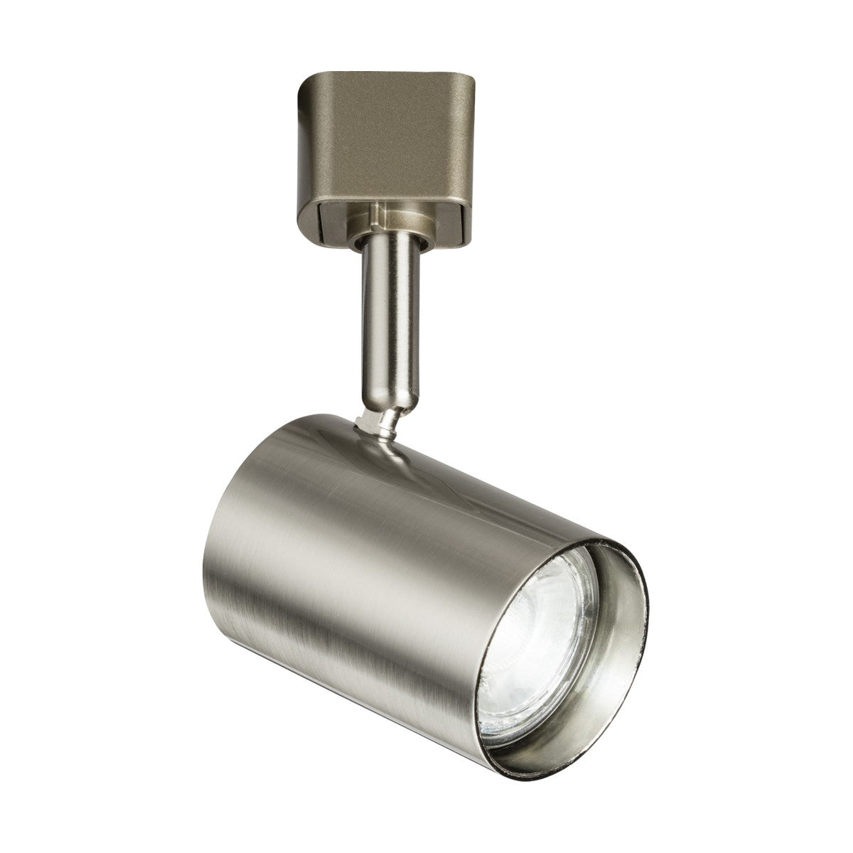 A brushed chrome GU10 track spotlight fixture with a contemporary cylindrical design. The fixture boasts a modern and minimalist appearance, featuring a pivoting head for adjustable lighting angles.