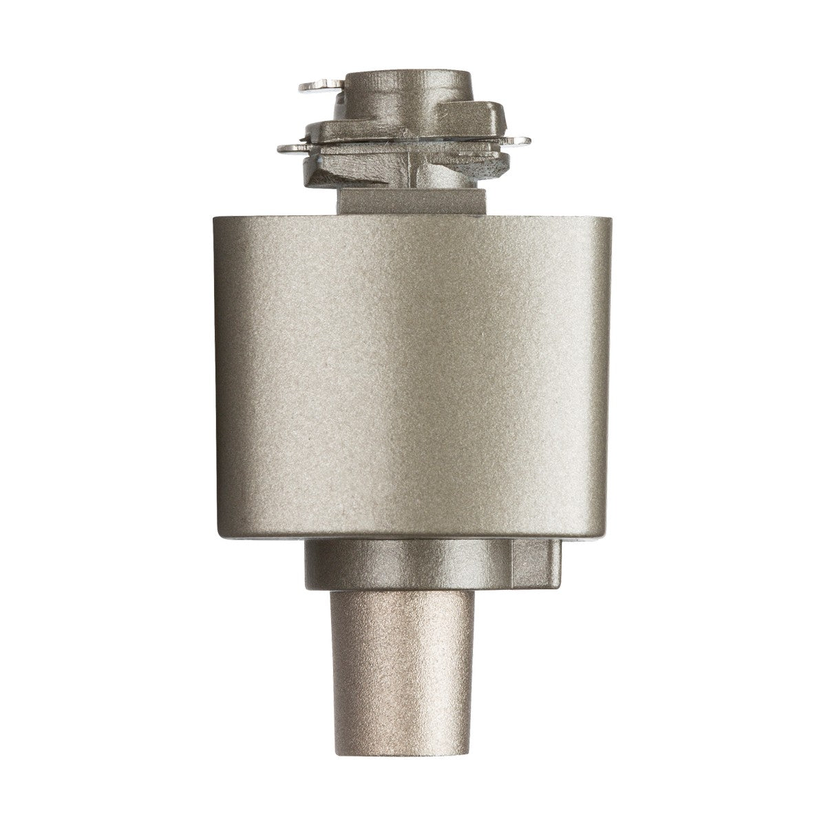 A track adaptor in satin nickel finish, featuring a metallic cylindrical form with a square body and a tapered end, is displayed against a white background. It seamlessly integrates into the MLA TRK single track system and includes an upper section with smaller protruding components, indicating its mechanical or industrial functionality.