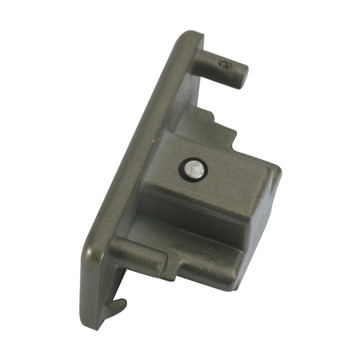 The Single Circuit Track Dead End Cap in satin nickel is a gray, rectangular bracket featuring a central cylindrical protrusion, screw hole, and flat edge with two mounting pins and a hook on one side.