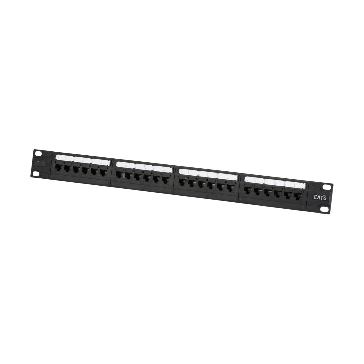 Image of a sleek black 19 Inch 1U UTP CAT6 24-Port Patch Panel showcasing multiple RJ45 Ethernet ports neatly organized in rows. The panel is designed with mounting holes on each side for straightforward installation in a network rack or cabinet.
