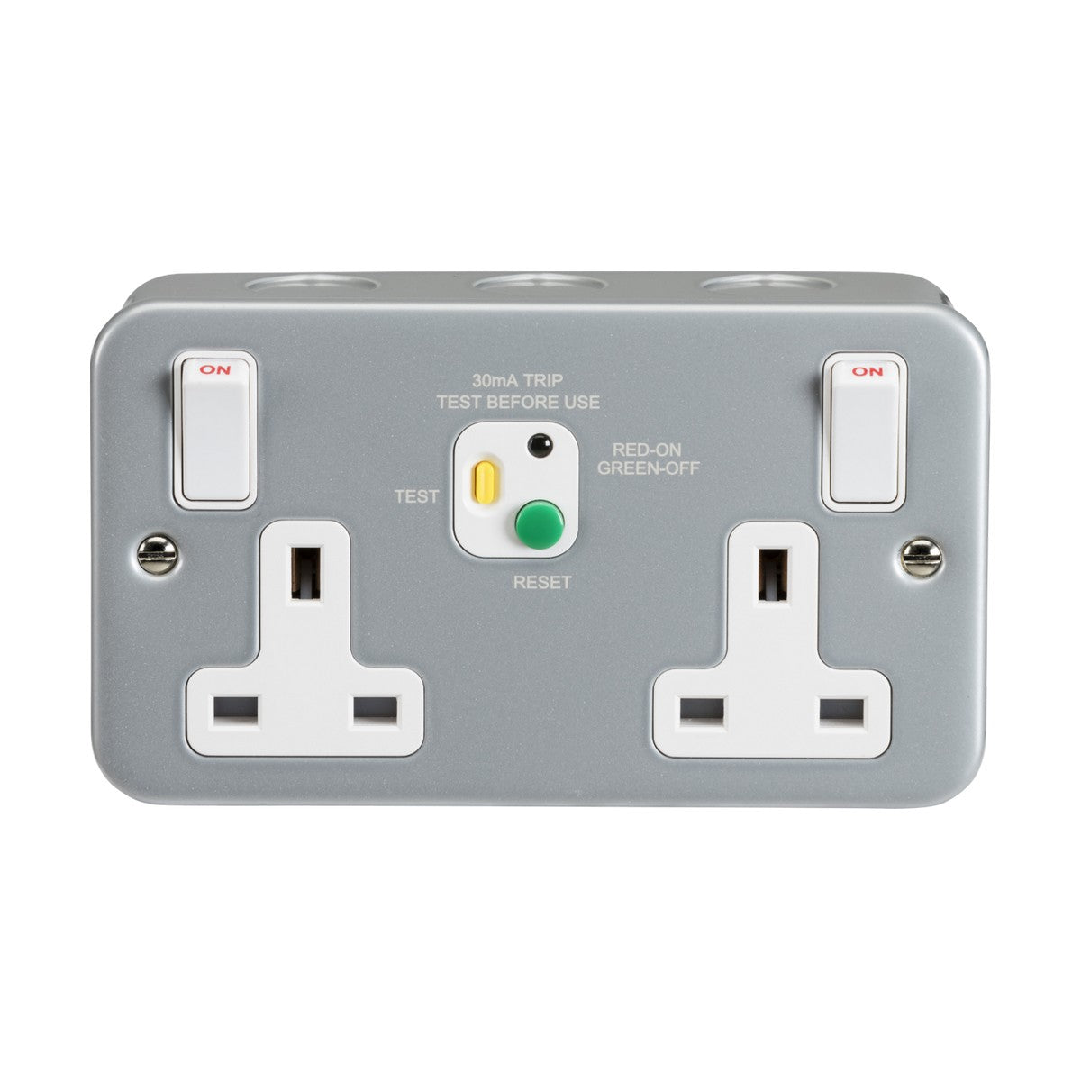 The Metal Clad 13A 2 Gang DP RCD Switched Socket - 30ma (Type A) features two UK plug sockets with labeled switches that include on/off indicators. It also has a central test and reset button for safety, with red and green markings to show operation status, enhanced by RCD technology for additional protection against residual current.