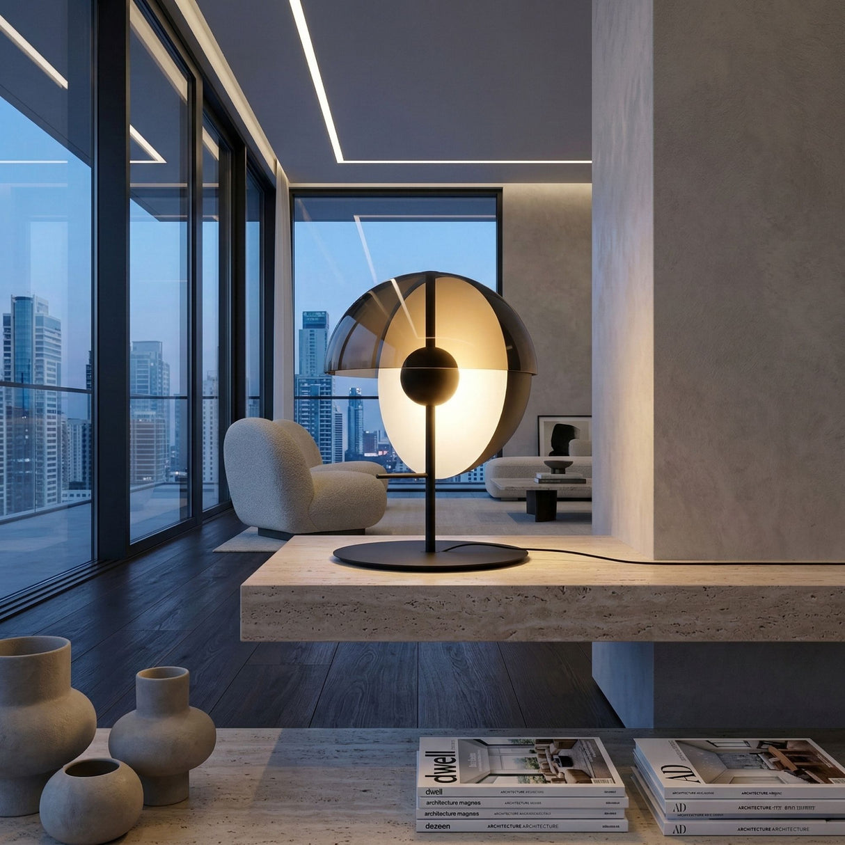 A modern living room with floor-to-ceiling windows and city skyline views features the Lucia LED Table Lamp - Black glowing on a stone shelf, surrounded by minimalist decor and stacked magazines in the foreground.