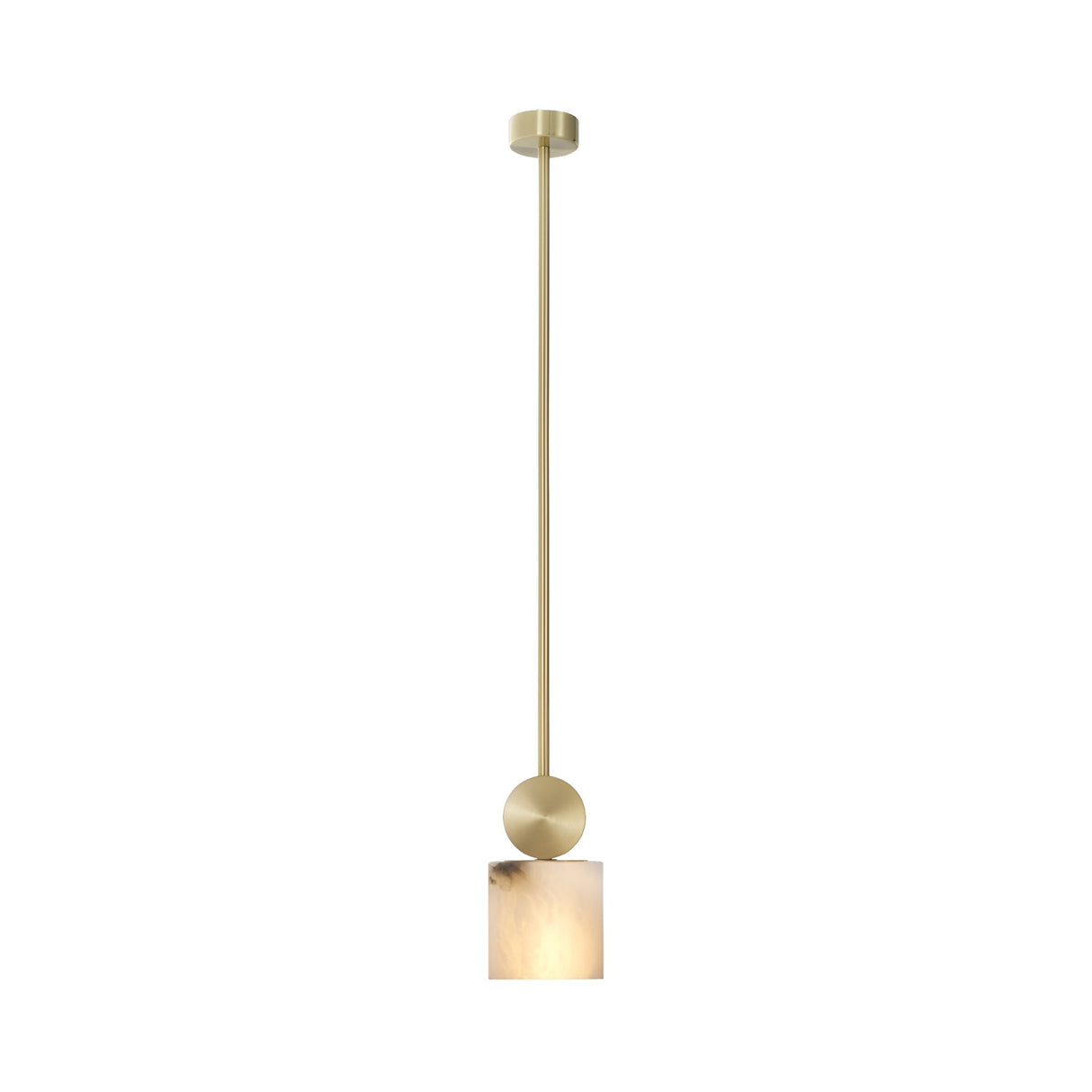 The Serano 1 Light Medium Vertical Pillar Alabaster Single Pendant Light in Soft White & Brass showcases a minimalist brass rod with a sphere and a square Spanish alabaster fixture, suspended against a white background.