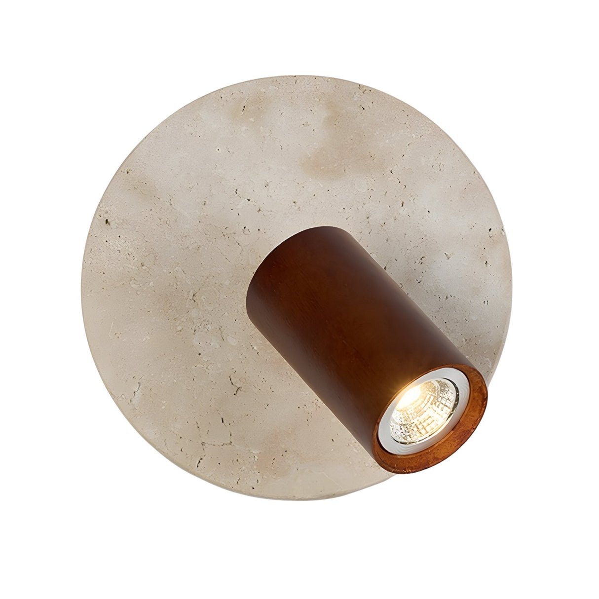 The Korvane 1 Light Travertine Spotlight features a round, textured light beige surface and a cylindrical walnut brown fixture projecting outward for a modern, stylish wall sconce design.