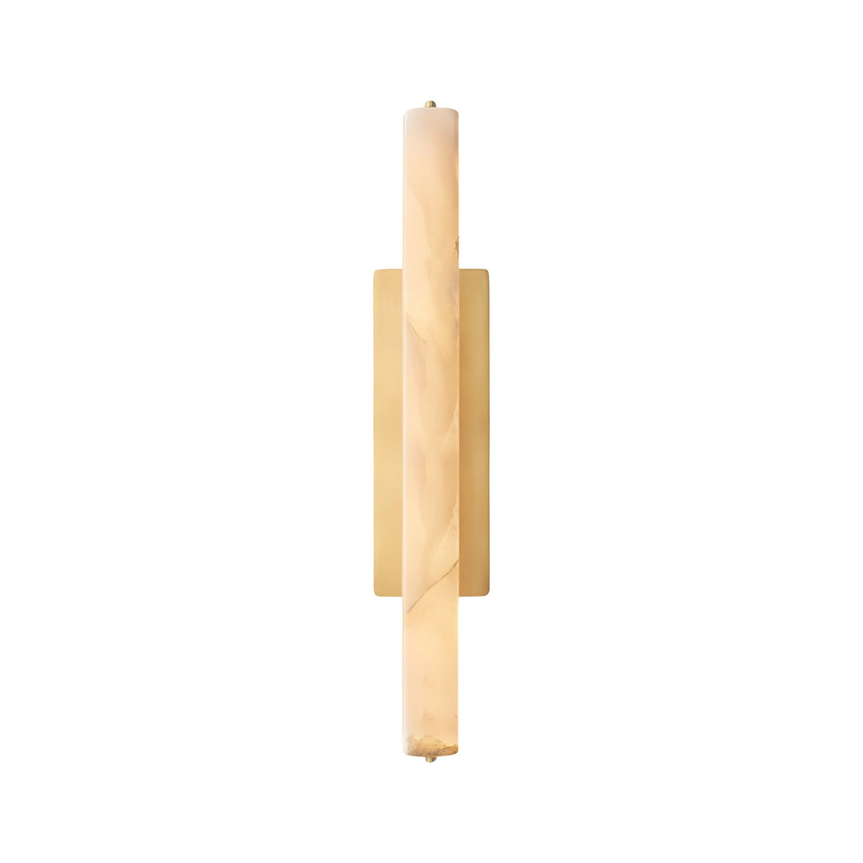 The Selvara LED Medium Alabaster Wall Light features a vertical cylindrical alabaster shade and a brushed brass rectangular backplate, shown here in soft white against a white background.
