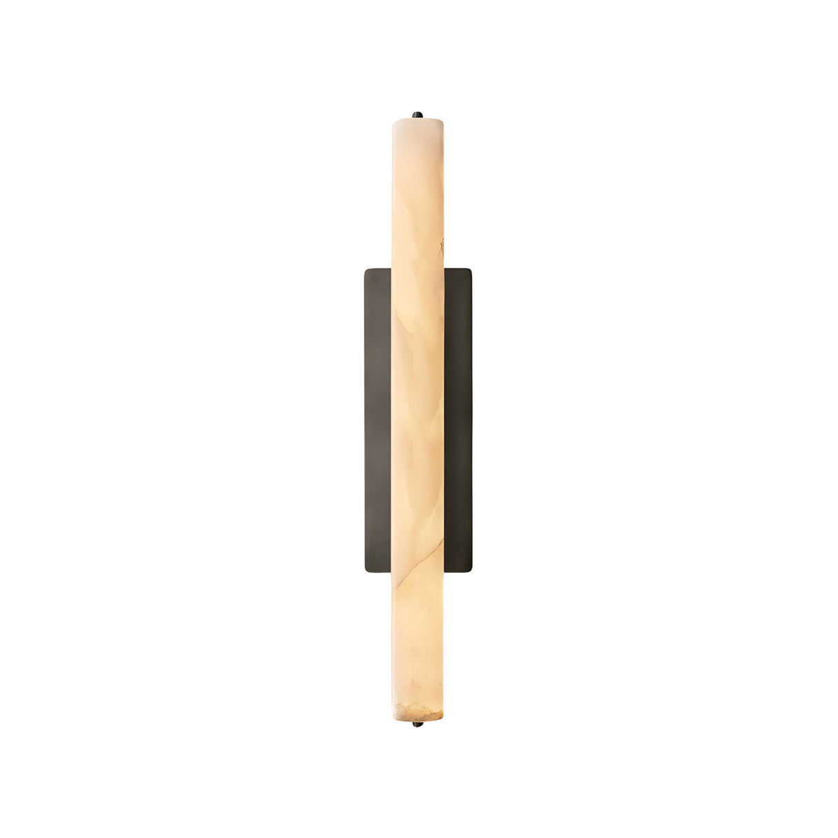 The Selvara LED Medium Alabaster Wall Light features a matte black rectangular backplate and a soft white cylindrical tube, creating warm modern accent lighting—shown here wall-mounted against a white background.