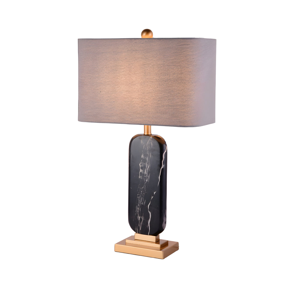 The Morvex 1 Light Sculpted Marble Table Lamp in black and brass features a rectangular gray shade, an oval black marble base with white veins, and gold accents on the base and stem, shown against a white background.