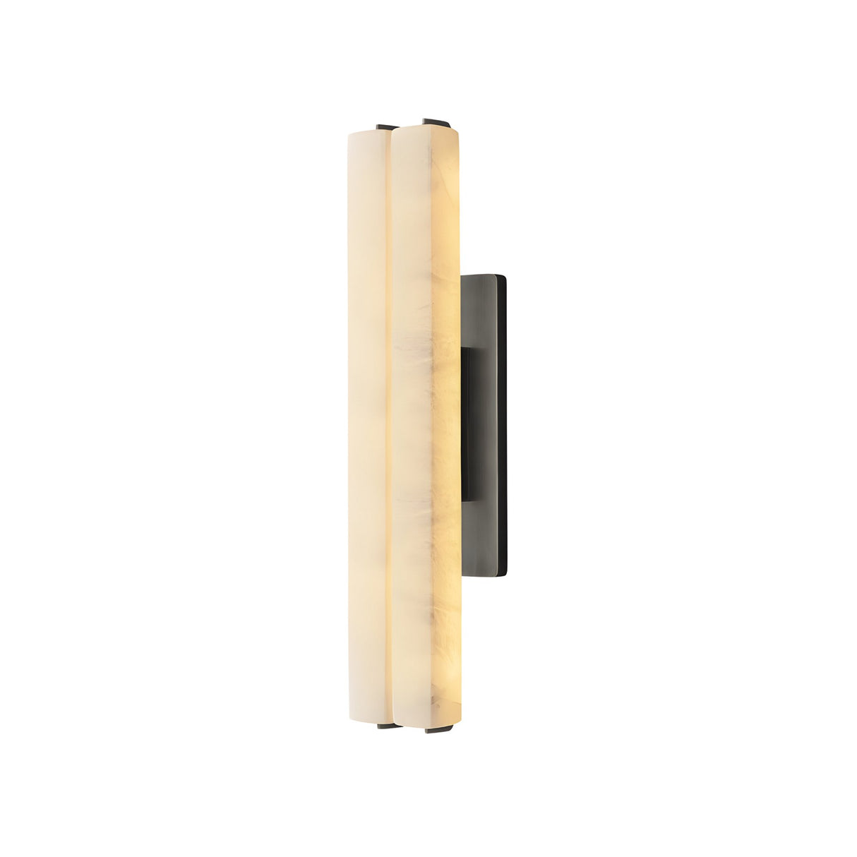 The Selvara LED Medium Alabaster Double Wall Light in Matte Black & Soft White features a vertical, cylindrical design with a frosted diffuser and dark rectangular mount—ideal for elegant modern accent lighting on white walls.