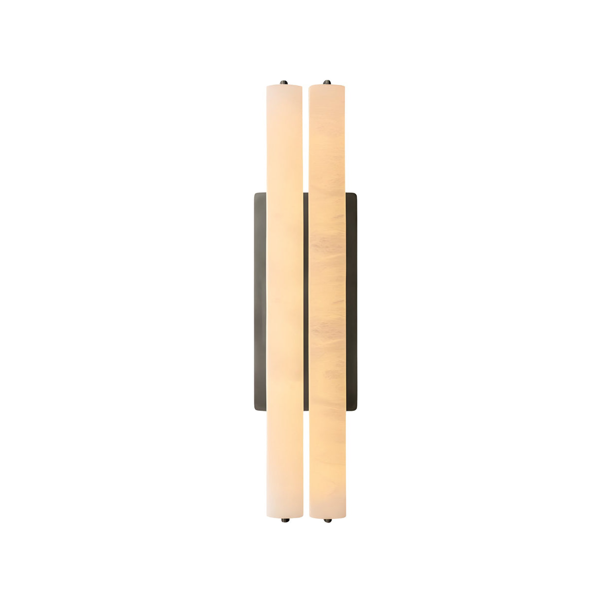 The Selvara LED Medium Alabaster Double Wall Light in Matte Black & Soft White features two vertical frosted glass bars on a rectangular base, casting a warm, soft glow—perfect as modern accent lighting against a white background.