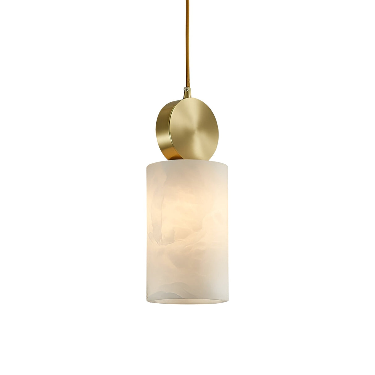 The Serano 1 Light Large Vertical Pillar Alabaster Single Pendant Light in Soft White & Brass features a cylindrical alabaster shade and brass fixture, suspended by a gold cord—adding elegance to any modern space.