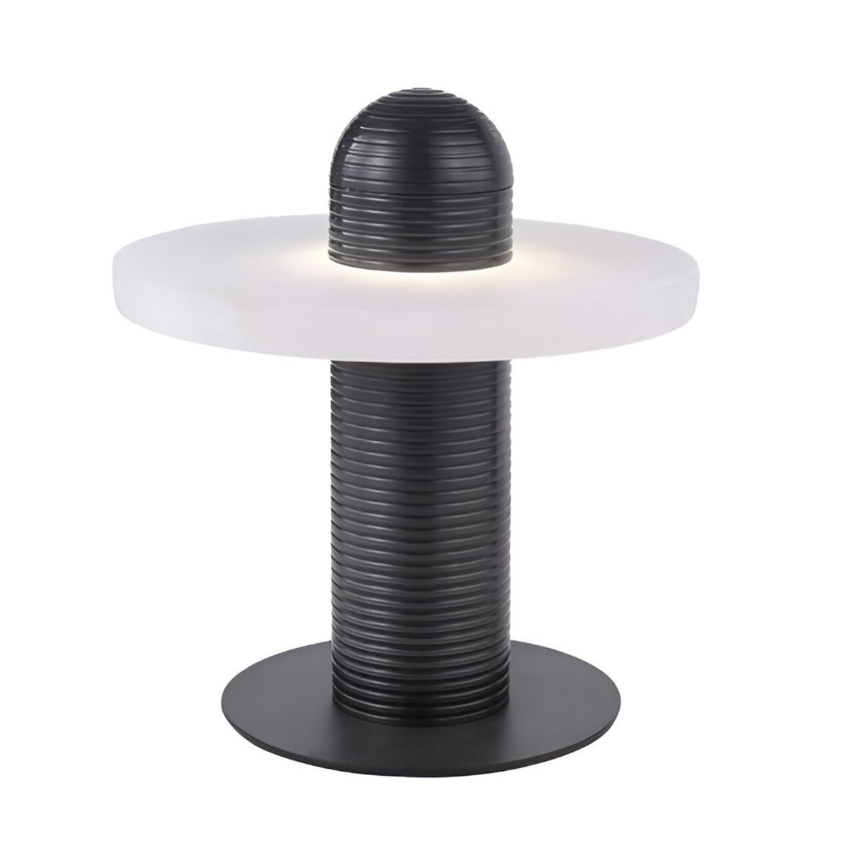 The Nyxara LED Single Tiered Alabaster Disc Table Lamp features a ribbed black cylindrical base, a round flat alabaster shade, and a matching dome, emitting soft white light for stylish ambiance.