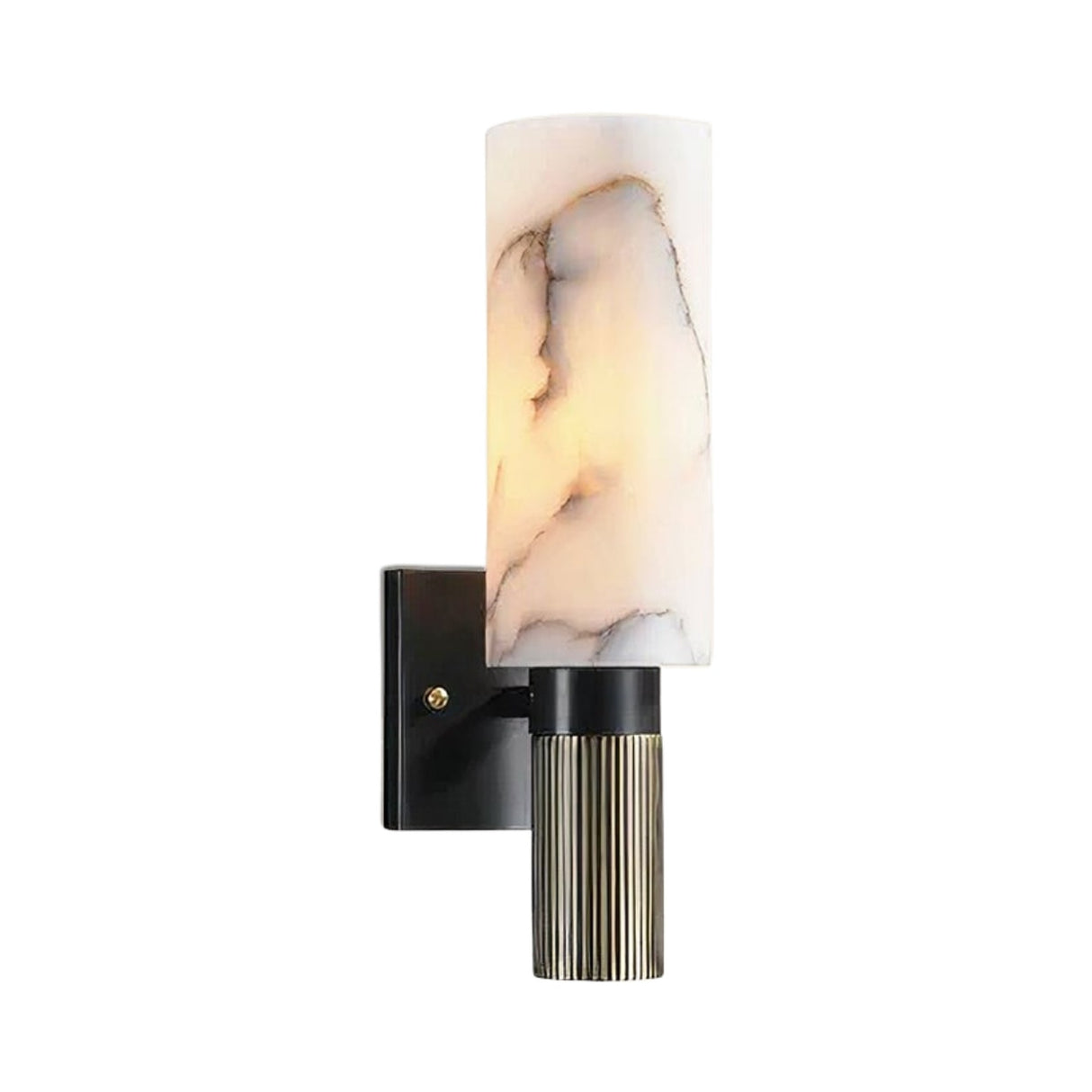 The Marvello 1 Light Cylinder Alabaster Wall Light features a Spanish alabaster-patterned glass shade, ribbed metallic accent, and a matte black rectangular wall plate for bold contrast. Finished in soft white & matte black.