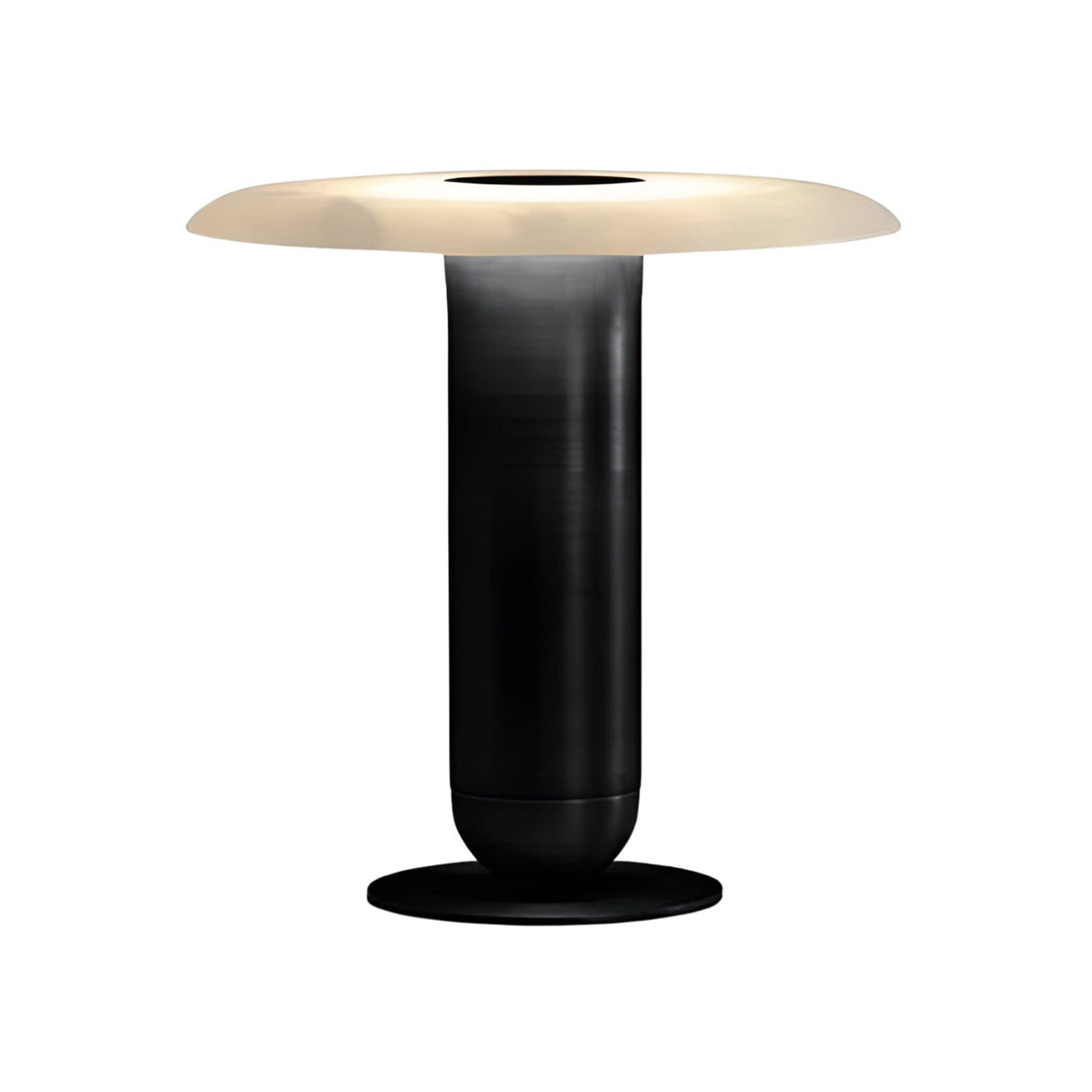 The Luxelle LED Single Tiered Alabaster Table Lamp in soft white and brass features a modern cylindrical base and a wide, flat, circular frosted white shade, shown against a plain white background.