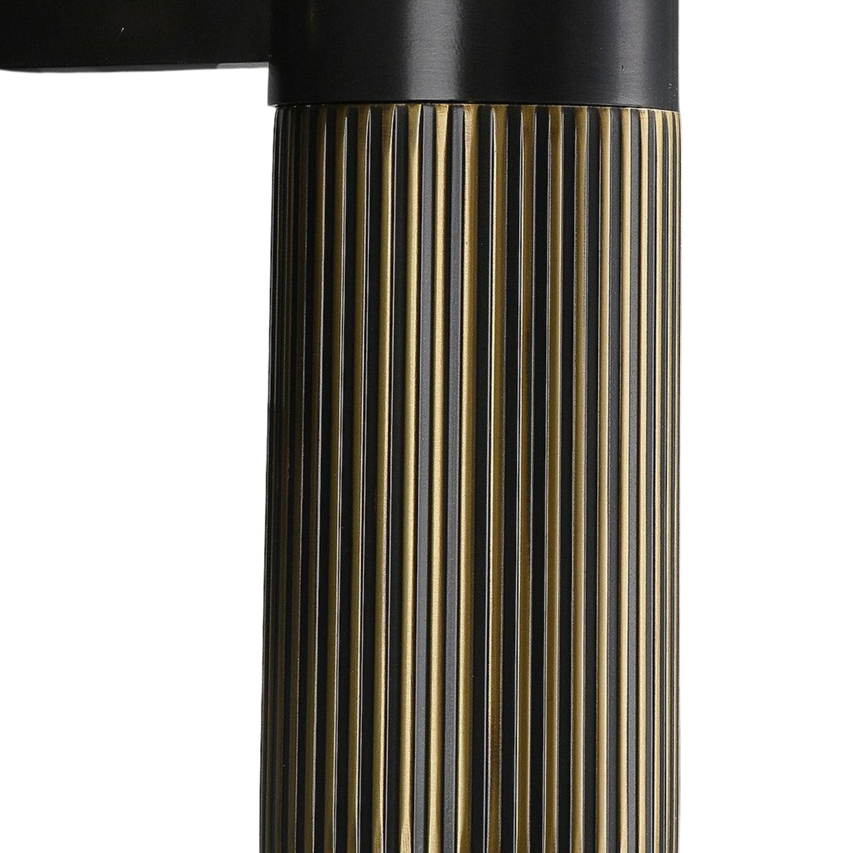 Close-up of the Marvello 1 Light Cylinder Alabaster Wall Light in soft white and matte black, featuring a vertical ribbed texture with alternating black and brass stripes, paired with a matte black wall plate.