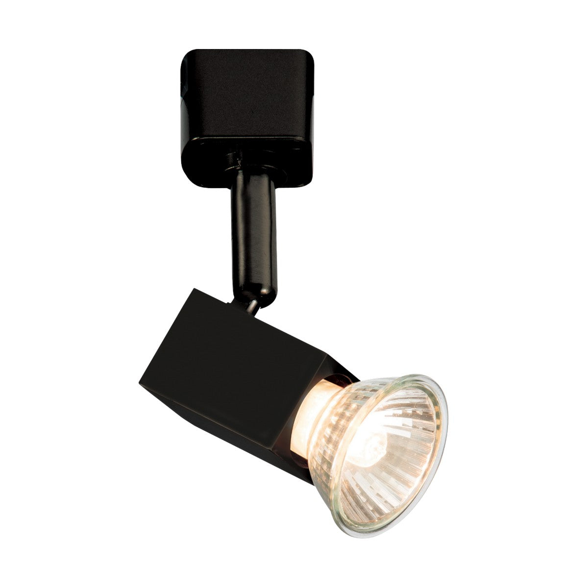 Introducing the Square Track Spotlight - Black: a stylish black lighting fixture featuring a single adjustable GU10 spotlight. It includes a clear ridged cover around the bulb and is elegantly mounted on a square black bracket.