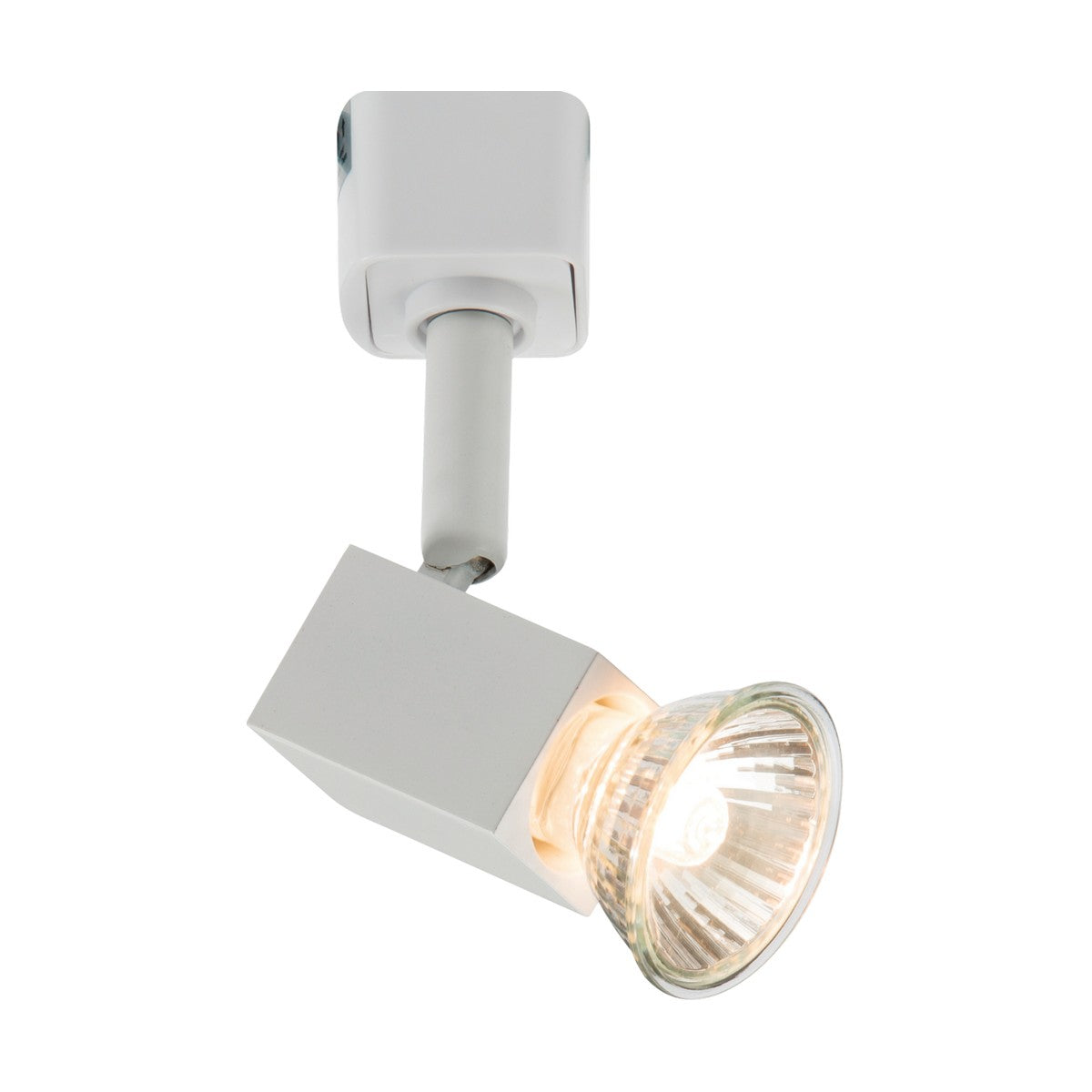 The Square Track Spotlight - White is a contemporary, adjustable GU10 track fixture featuring a single dimmable spotlight to illuminate its surroundings.