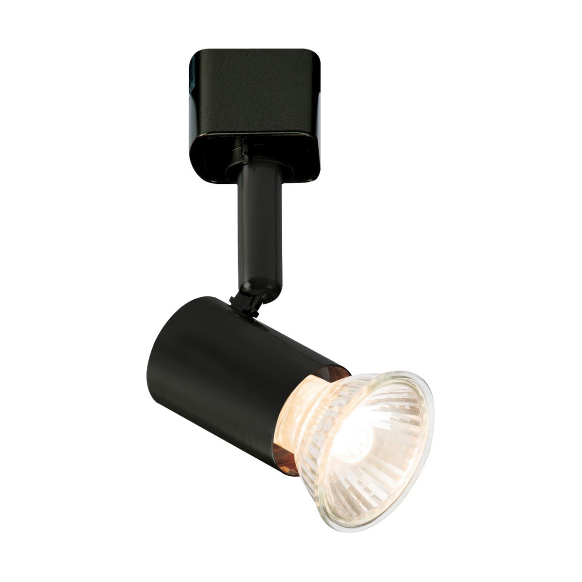 The Cylinder Track Spotlight - Black boasts a sleek black cylindrical design paired with a clear, round bulb. It's mounted on a black rectangular base and provides adjustable and dimmable lighting options for versatile illumination in any space.