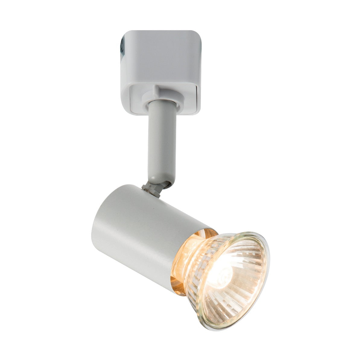 Introducing the Cylinder Track Spotlight - White: a contemporary ceiling-mounted lighting solution with a sleek cylindrical housing. It includes an adjustable joint to direct warm illumination and is compatible with LED bulbs, utilizing a GU10 track spotlight system for adaptable lighting options.
