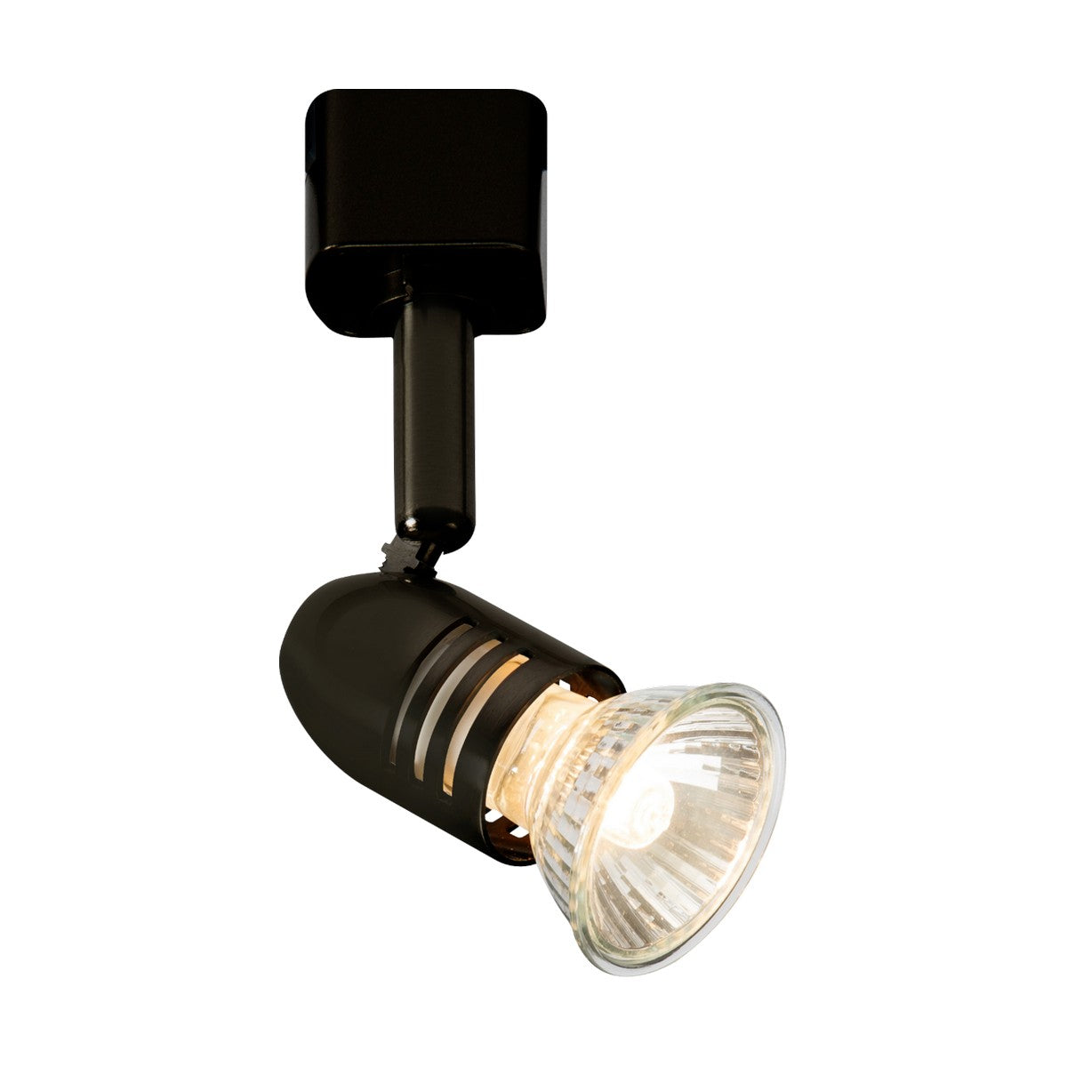 A black Bullet Track Spotlight with a single adjustable spotlight, featuring a conical glass cover attached to a square mounting base. The dimmable GU10 lamp is turned on, emitting a bright warm glow.