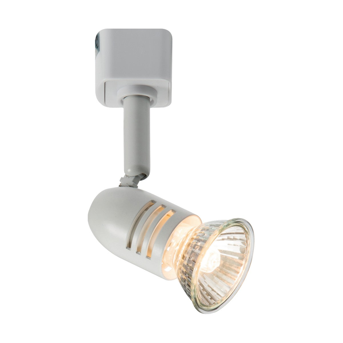 The Bullet Track Spotlight - White is a GU10 track spotlight featuring a cylindrical head with an adjustable swivel joint. This dimmable spotlight includes a light bulb housed within a reflective transparent lens, all mounted on a rectangular base attached to the ceiling.