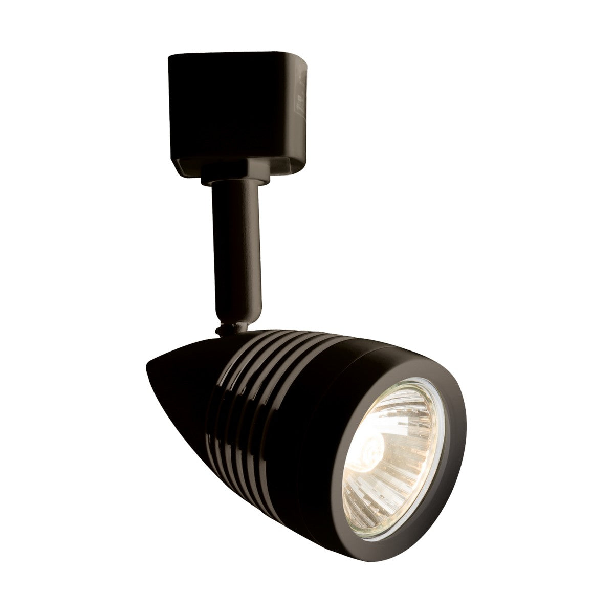 Introducing the Conical Track Spotlight in Black, featuring a sleek cylindrical spotlight design with an exposed bulb and mounted on a short arm. This adjustable GU10 track light is perfect for providing targeted lighting in modern interiors.