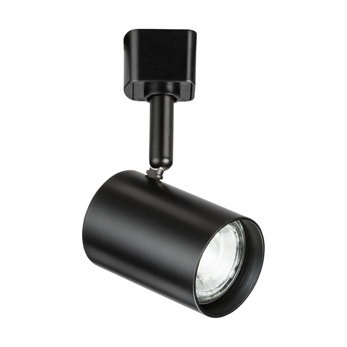 The Contemporary Track Spotlight - Black is a black cylindrical track light fixture with an adjustable head and GU10 spotlight, mounted on a square base. It is dimmable and designed for ceiling installation, providing versatile directional lighting.