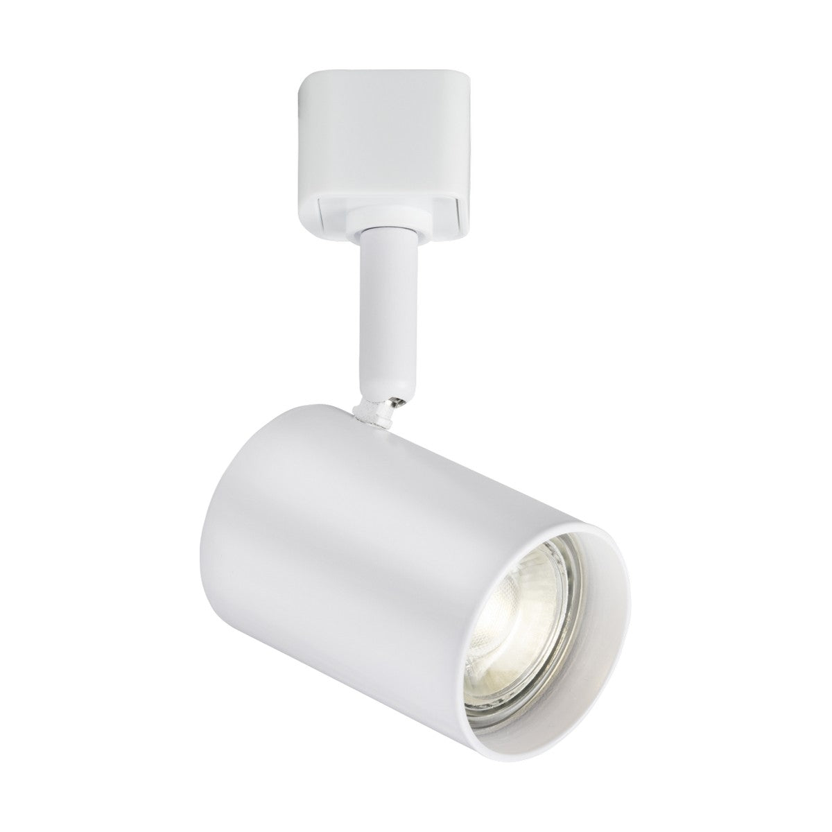 The Contemporary Track Spotlight - White is a sleek, modern lighting fixture featuring a cylindrical GU10 spotlight in white. It's attached to a short, adjustable arm connected to a square ceiling mount, offering an adjustable directional spotlight for optimal focus.