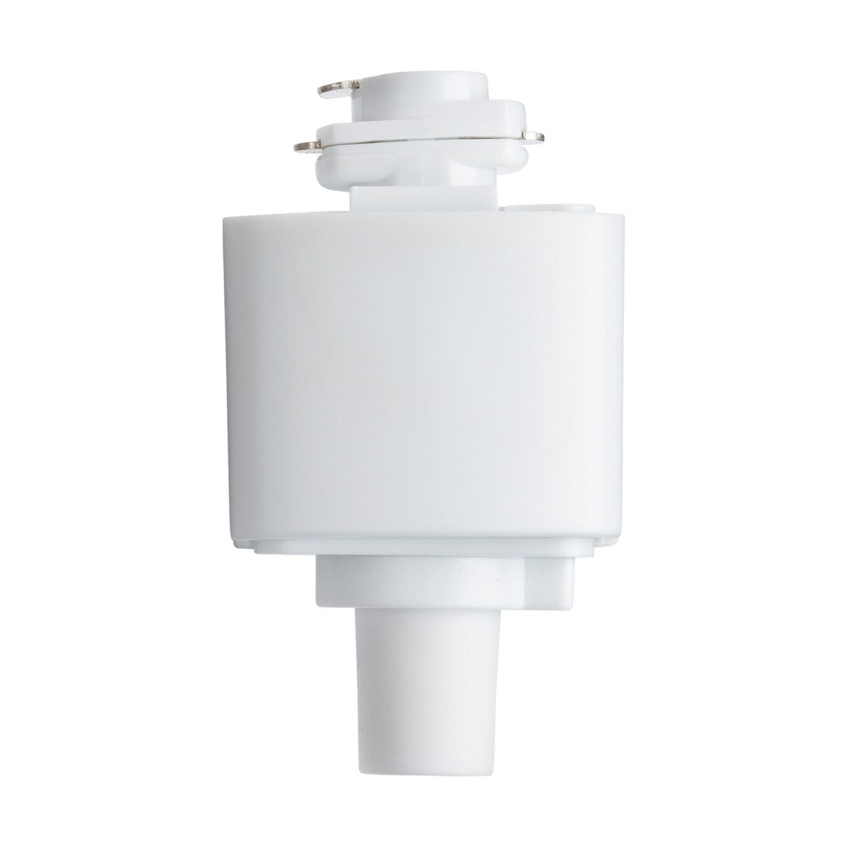 A white, cylindrical Track Adaptor with a tapered bottom and a connector at the top, designed for use in a filtration system. Its clean and compact design resembles that of a power feed component, set against a plain white background to emphasize its sleek form.