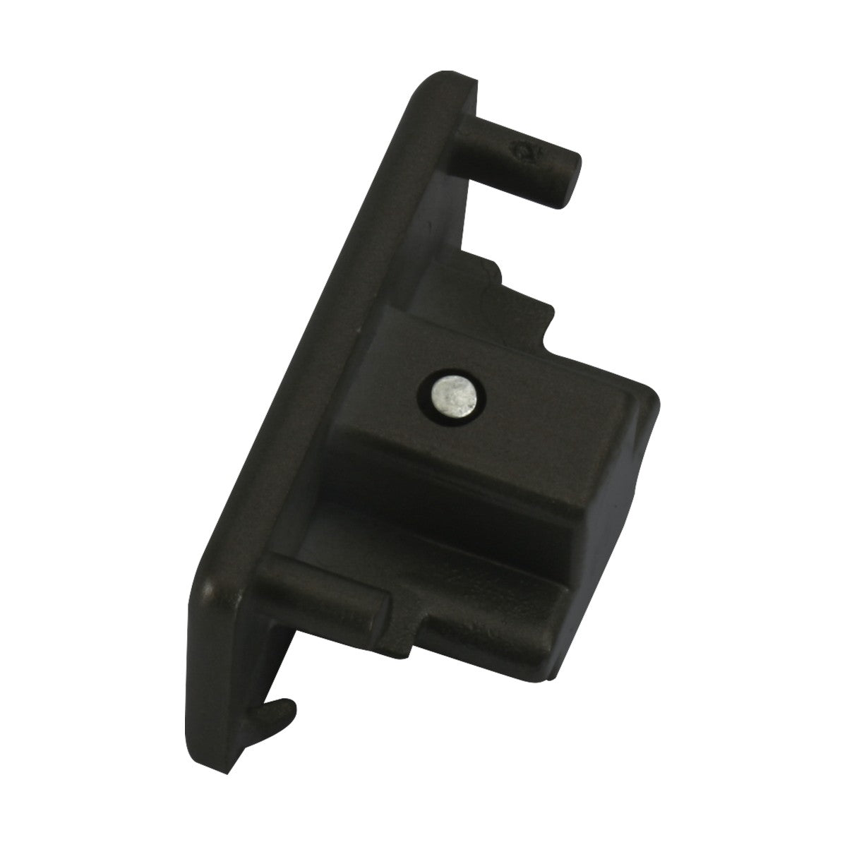 A Single Circuit Track Dead End Cap in black, made from polycarbonate with a rectangular shape and multiple protrusions, is positioned at an angle. It features a center hole with a small metal pin visible, resembling components commonly used in single circuit track systems.