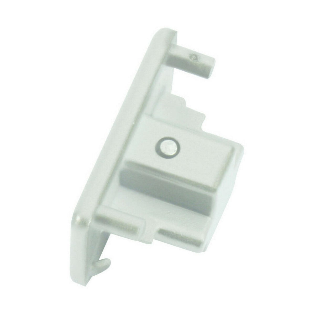 A close-up of the Single Circuit Track Dead End Cap in white, showcasing its smooth polycarbonate finish, with a circular indentation in the center and two small protrusions on one side.