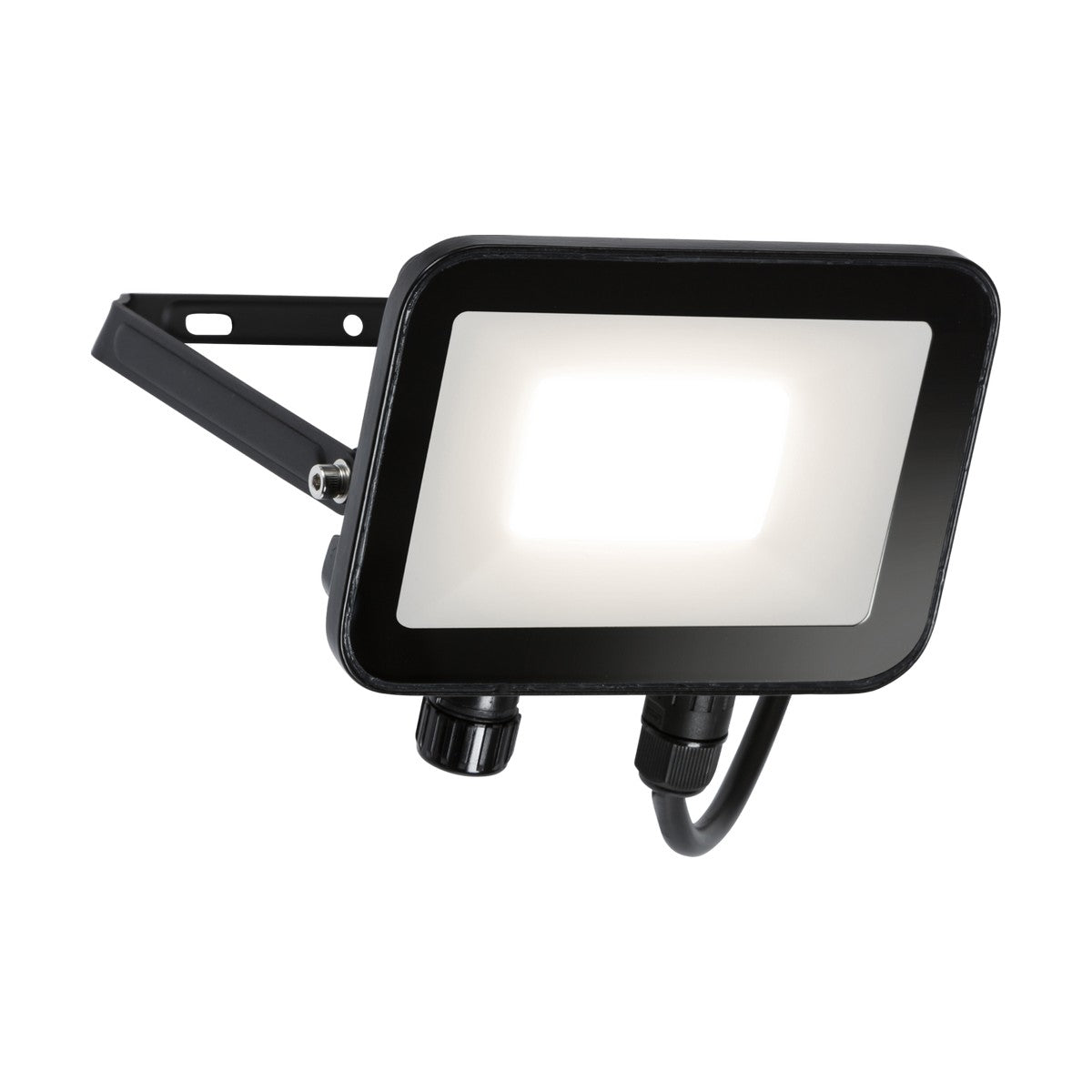 The IP65 20W LED FLOOD is shown in black with a rectangular design and features a die-cast aluminum mounting bracket. It emits a bright, cool white glow when activated. Beneath the light, two small knobs and a wire can be seen.