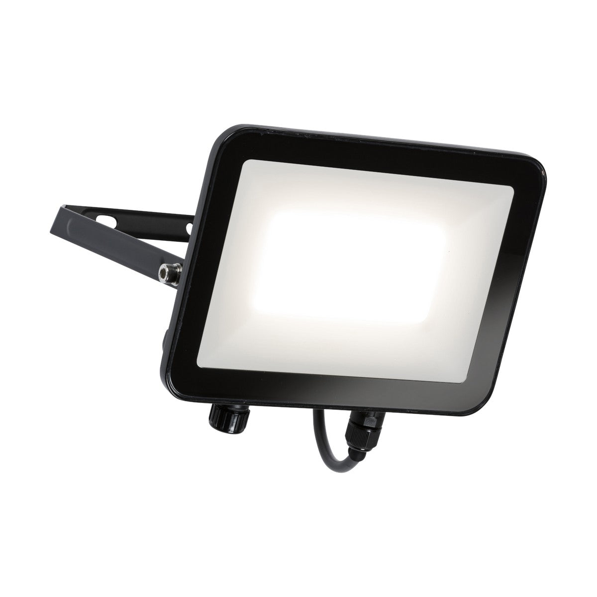 The IP65 50W LED Flood features a rectangular design with a vibrant illuminated center. Created for outdoor use, it is equipped with an IP65 weather resistance rating and mounted on an adjustable bracket with a power cable extending from the bottom.