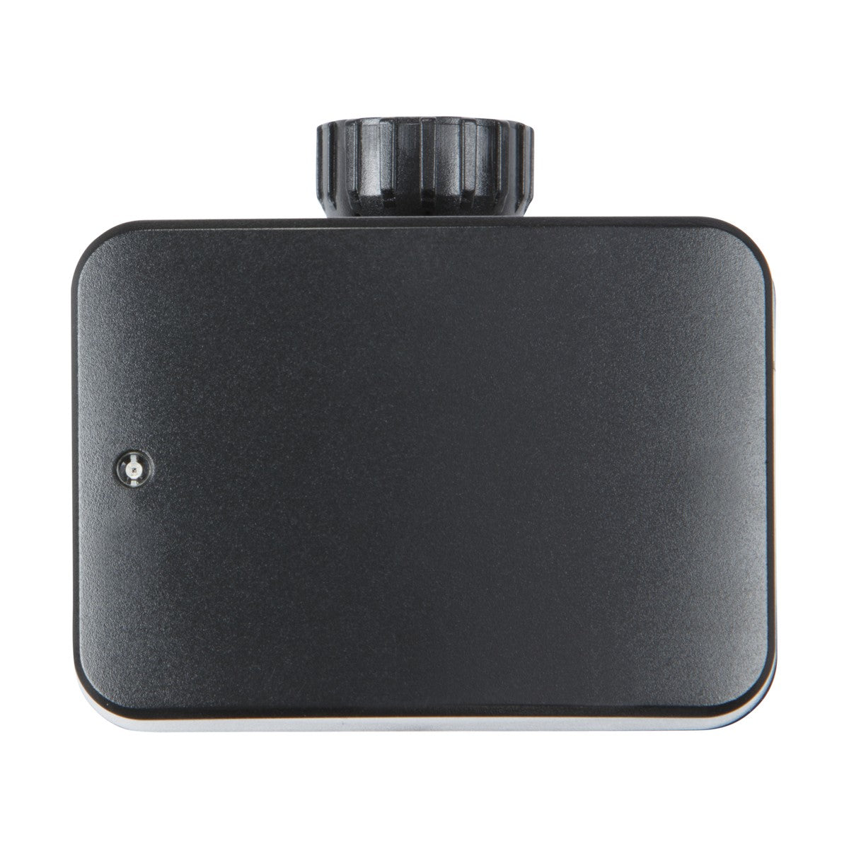 A black rectangular Microwave Sensor Accessory for the FLN Range showcases a lens extended from the top center with a single button positioned on the front left side. The accessory boasts a minimalistic and compact design, ensuring easy plug-and-play installation. It is set against a plain white background.