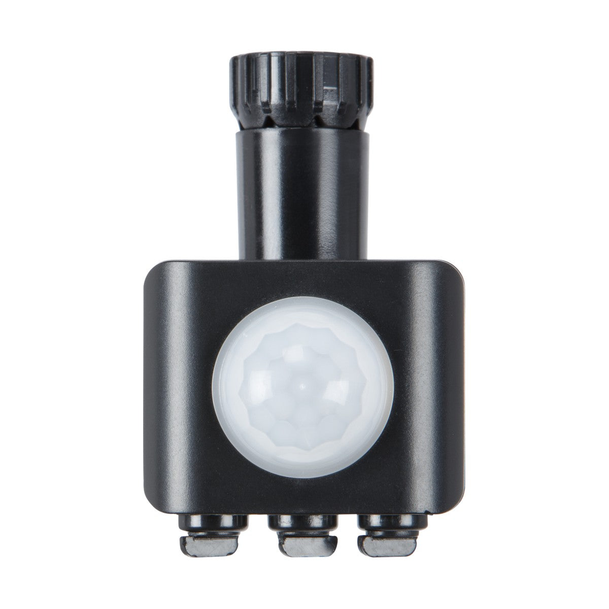 The PIR Accessory For Combo LED Floodlight, part of the floodlight series, is a black motion sensor device with a prominent round white lens at its center for detecting movement. It includes a cylindrical black component on top and three small connectors at the bottom for plug-and-play installation.