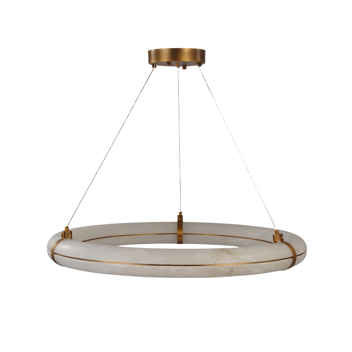 Aureon LED Alabaster Circular Chandelier, a 600mm ring pendant in natural alabaster with brushed brass cradle brackets and steel suspension cables, shown on a plain white background.