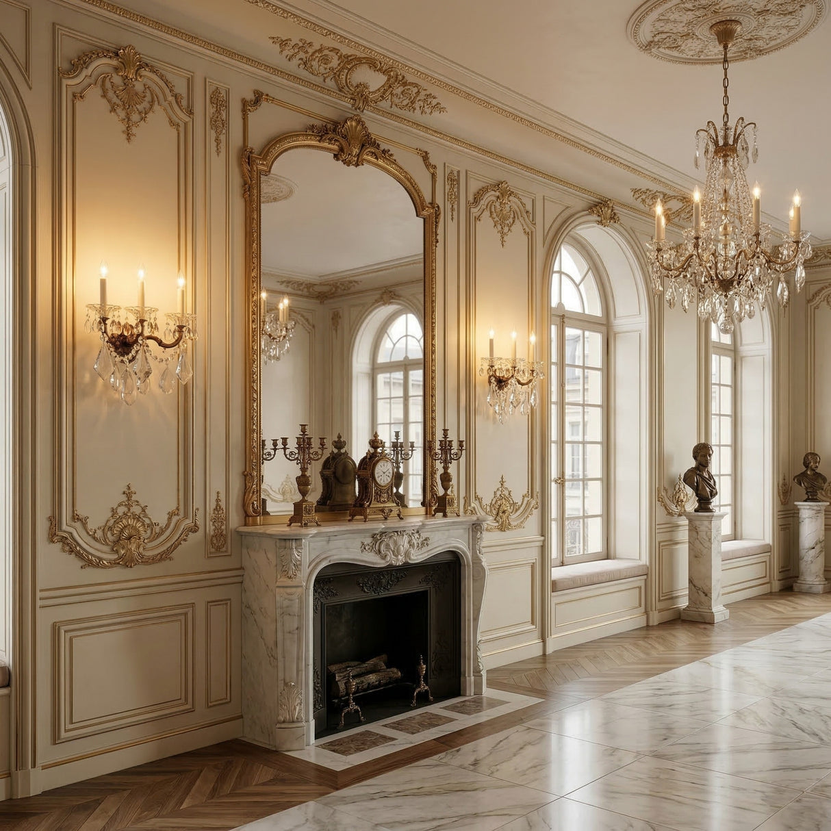 Elegant room with ornate cream and gold moldings, chandeliers, large mirrors, marble fireplace, Vienna 3 Light K9 Crystal Wall Light sconces, candelabras, and classical busts by tall arched windows create a luxurious historic ambiance.